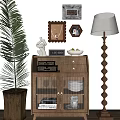 Stylish Wooden Entryway Cabinet Sideboard With Glass Doors Palm Plant Table Lamp And Picture Frames