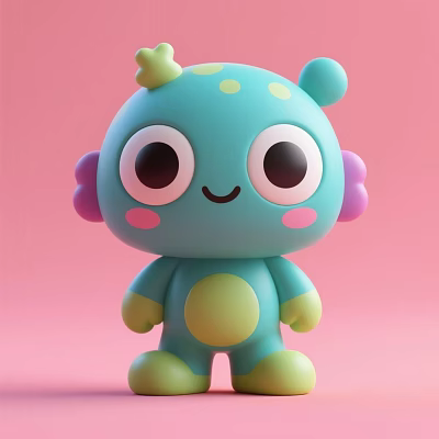 Adorable Blue Plush Doll With Big Eyes Pink Cheeks Green Belly And Pink Background 3d model