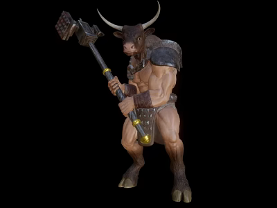 Minotaur Warrior Character With Horns Muscular Physique Holding Spiked Mace And Battle Armor 3d model