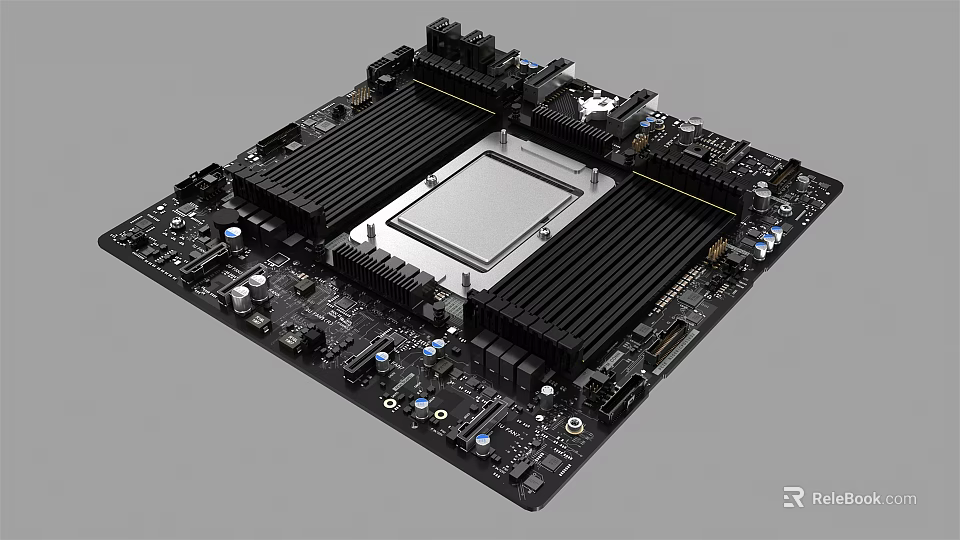Modern Computer Motherboard With CPU Socket Heat Sinks And Expansion Slots 3d model