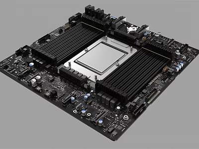 Modern Computer Motherboard With CPU Socket Heat Sinks And Expansion Slots 3d model