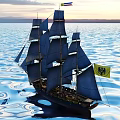 Tall Sailing Ship With Gray Sails Red Black Hull On Blue Ocean Clear Sky