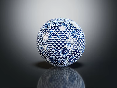 Spherical Blue White Decorative Ornament Set With Fish And Grid Patterns For Home Decor 3d model
