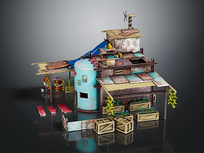 Rustic Multi Layered Building with Blue Water Tank Wooden Crates Plants Awnings and Windmill 3d model