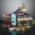 Rustic Multi Layered Building with Blue Water Tank Wooden Crates Plants Awnings and Windmill