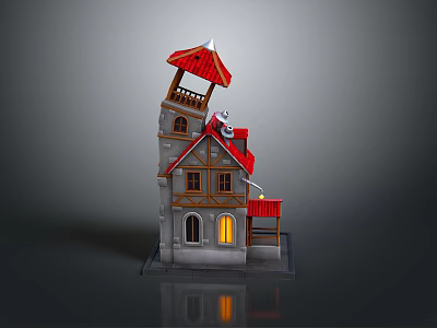 Fairy Tale Style Building Featuring Red Roof Gray Walls Tower Wooden Accents And Lit Windows 3d model