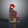 Fairy Tale Style Building Featuring Red Roof Gray Walls Tower Wooden Accents And Lit Windows