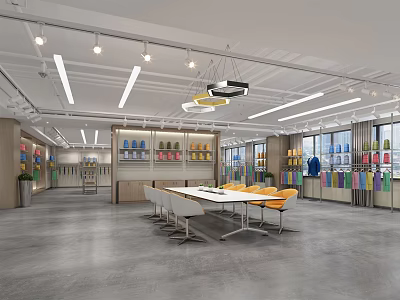 Modern Showroom Interior With Open Layout Colorful Shelves And Lighting Fixtures 3d model
