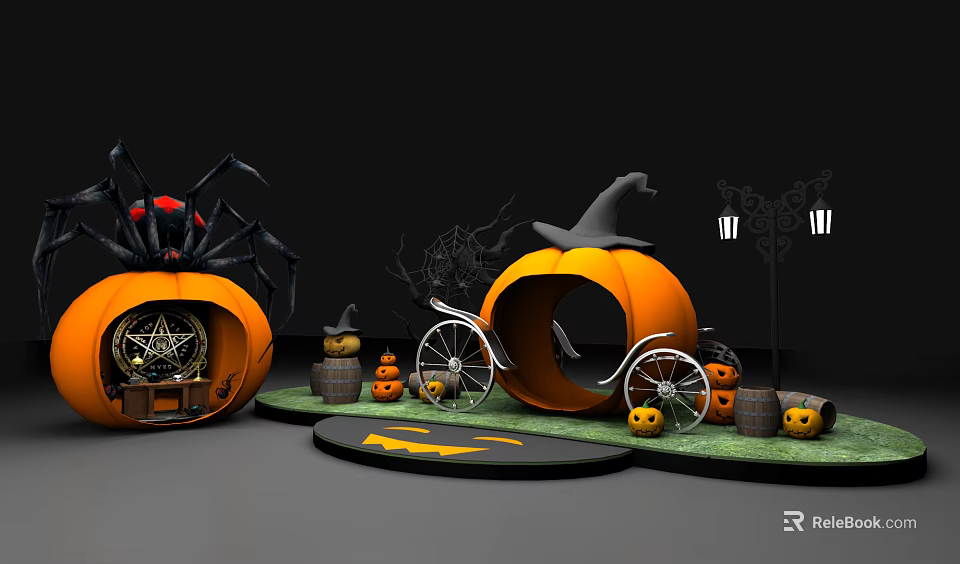 Halloween Decorative Display With Pumpkin Carriage Spider Witch Hat And Bats 3d model 