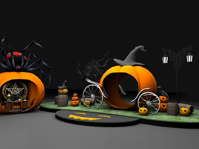 Halloween Decorative Display With Pumpkin Carriage Spider Witch Hat And Bats 3d model