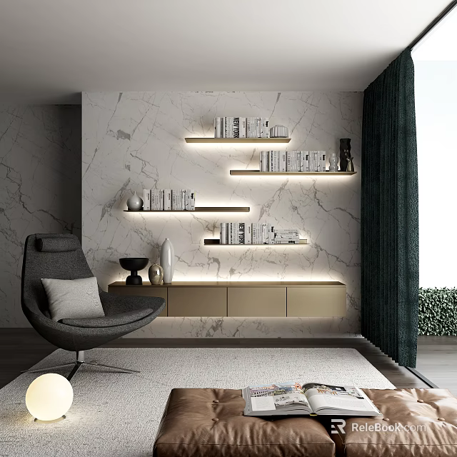 Modern Floating Bookshelves On Marble Wall With LED Lighting And Decorative Items 3d model 