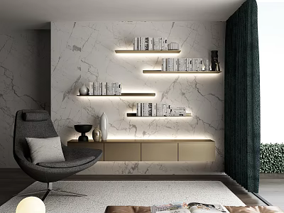 Modern Floating Bookshelves On Marble Wall With LED Lighting And Decorative Items 3d model