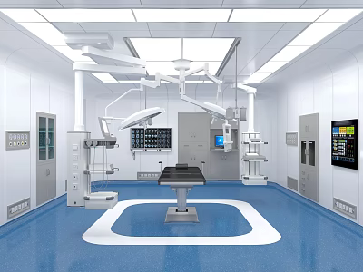 Modern Hospital Operating Room Interior With Surgical Lights Operating Table And Medical Monitors 3d model
