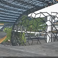 Mall Lobby Interior Design With Glass Roof And Unique Geometric Structure And Green Plants