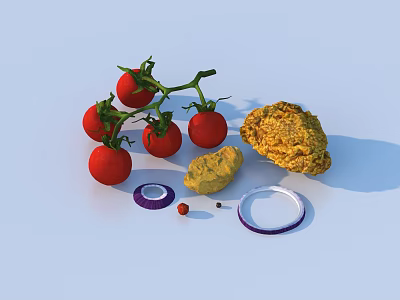 Fresh Vine Tomatoes Yellow Cheese And Purple Onion Rings On White Surface 3d model
