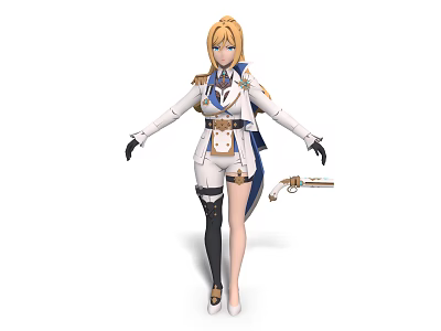 Blonde Haired Female Character in White and Blue Military Style Outfit With Weapon Standing Pose 3d model