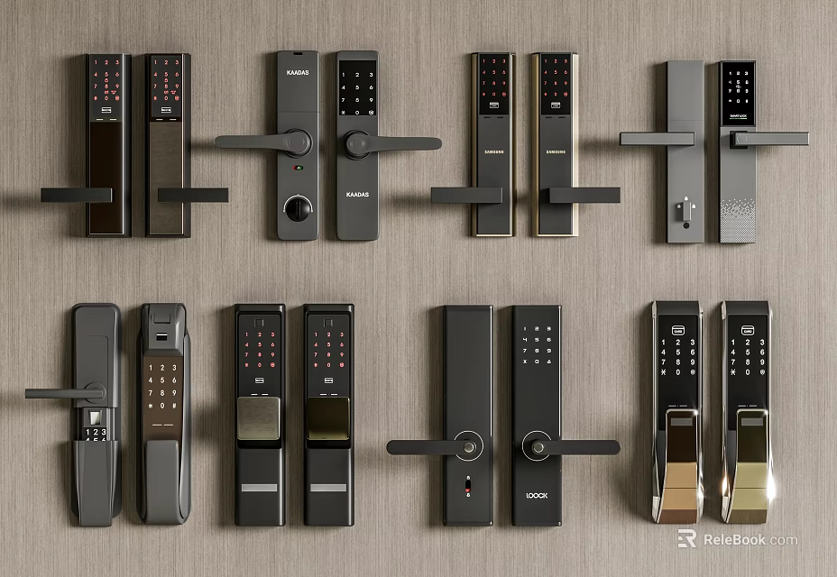 Different Modern Door Handles Featuring Smart Lock Digital Keypad Sleek Designs And Metal Finishes 3d model 