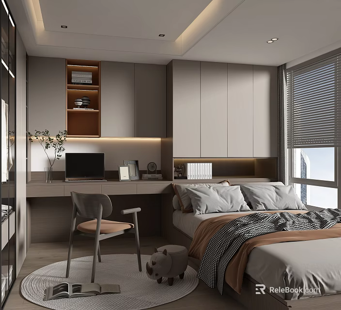 Modern Tatami Bedroom Interior With Bed Desk Laptop Bookshelf And Window Blinds 3d model 