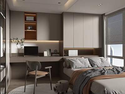 Modern Tatami Bedroom Interior With Bed Desk Laptop Bookshelf And Window Blinds 3d model