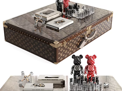 Elegant Patterned Leather Coffee Table With Glass Top Brass Accents And Decorative Figurines 3d model