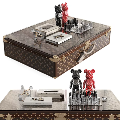 Elegant Patterned Leather Coffee Table With Glass Top Brass Accents And Decorative Figurines 3d model