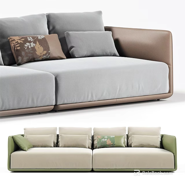 Modern Two Seater Sofa With Gray Brown Beige Green And Patterned Multiple Cushions 3d model 