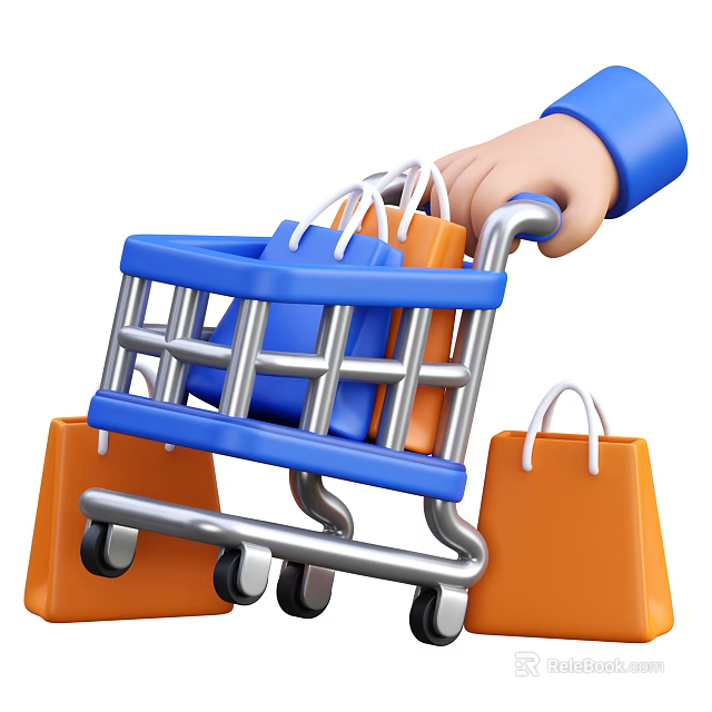 Daily Necessities Shopping Cart With Blue And Orange Bags Pushed By Hand 3d model 