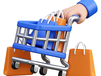 Daily Necessities Shopping Cart With Blue And Orange Bags Pushed By Hand 3d model