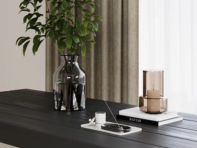 Clear Glass Vase Holding Green Plants on Black Table with Brass Candleholder and Curtains 3d model