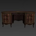 Elegant Vintage Dark Wood Writing Desk Featuring Gold Accents Carved Legs And Drawers