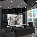 Modern Office Ceiling with Wavy Texture Recessed Lights Windows Blinds and Decorative Art