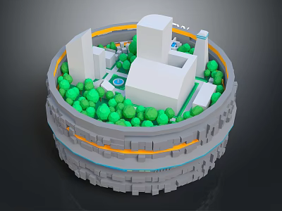 Cartoon Circular Scene With White Buildings Green Plants And Orange Accent Lines 3d model