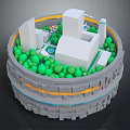 Cartoon Circular Scene With White Buildings Green Plants And Orange Accent Lines