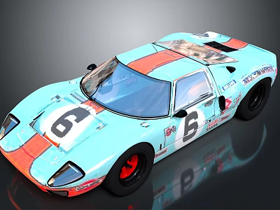 Light blue classic race car with orange stripes and number 6 body design 3d model