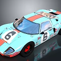 Light blue classic race car with orange stripes and number 6 body design