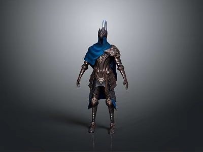 Fantasy Armored Warrior Figure With Blue Cape Metallic Armor And Helmet 3d model