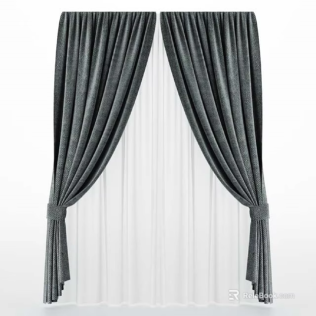 Gray Curtains with Draped Design and White Sheer Curtains with Tiebacks for Home Window Decoration 3d model 