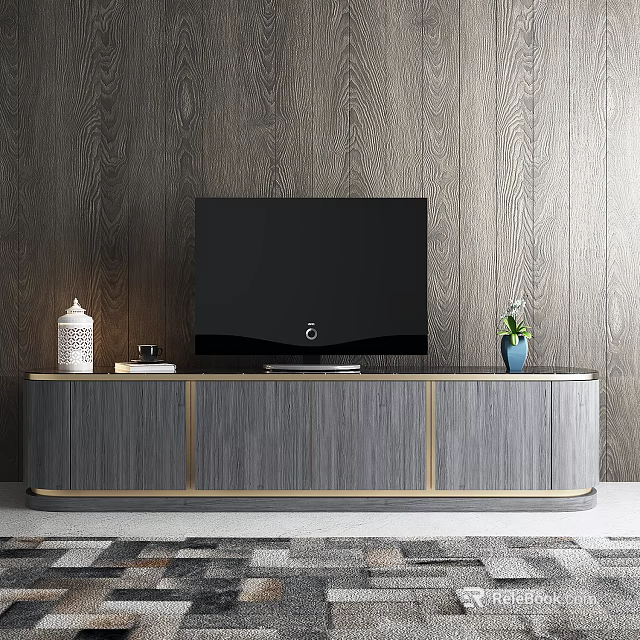 Modern Gray Wooden TV Stand With Gold Accents TV Vases And Green Plants 3d model 