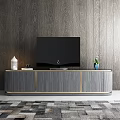 Modern Gray Wooden TV Stand With Gold Accents TV Vases And Green Plants