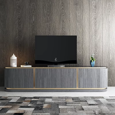 Modern Gray Wooden TV Stand With Gold Accents TV Vases And Green Plants 3d model