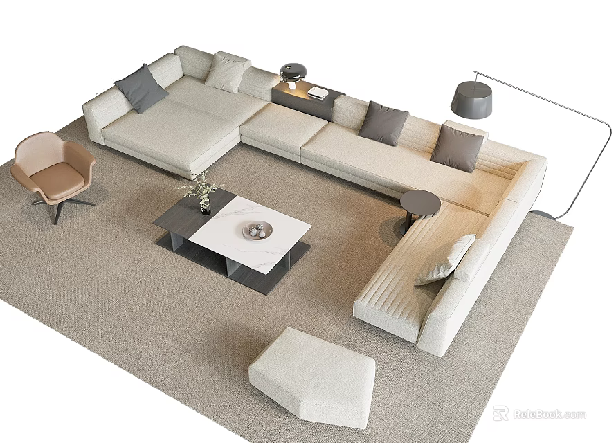 Beige L Shaped Sofa With Black Coffee Table Gray Cushions And Floor Lamps Modern Living 3d model 