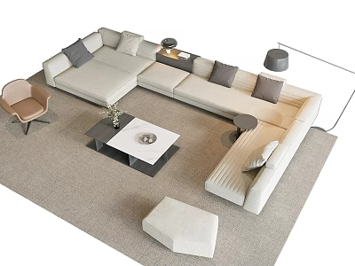 Beige L Shaped Sofa With Black Coffee Table Gray Cushions And Floor Lamps Modern Living 3d model