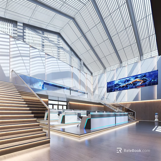 Modern Control Room Featuring Large Screens Control Desks And Stairs 3d model 