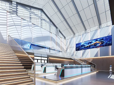 Modern Control Room Featuring Large Screens Control Desks And Stairs 3d model