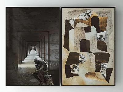 Two Panel Wall Art With Tunnel Scene Figure And Abstract Geometric Collage 3d model