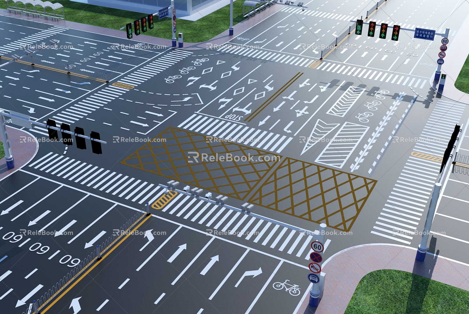 Road Modern Road Municipal Road Signs Marking Zebra Crossing Arrow Highway Standard Section Road Lane Indicating Line 3d model