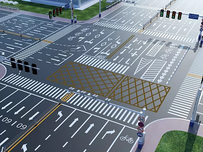 Urban Road Intersection With Traffic Lights Lane Markings Grid Lines And Zebra Crossings 3d model