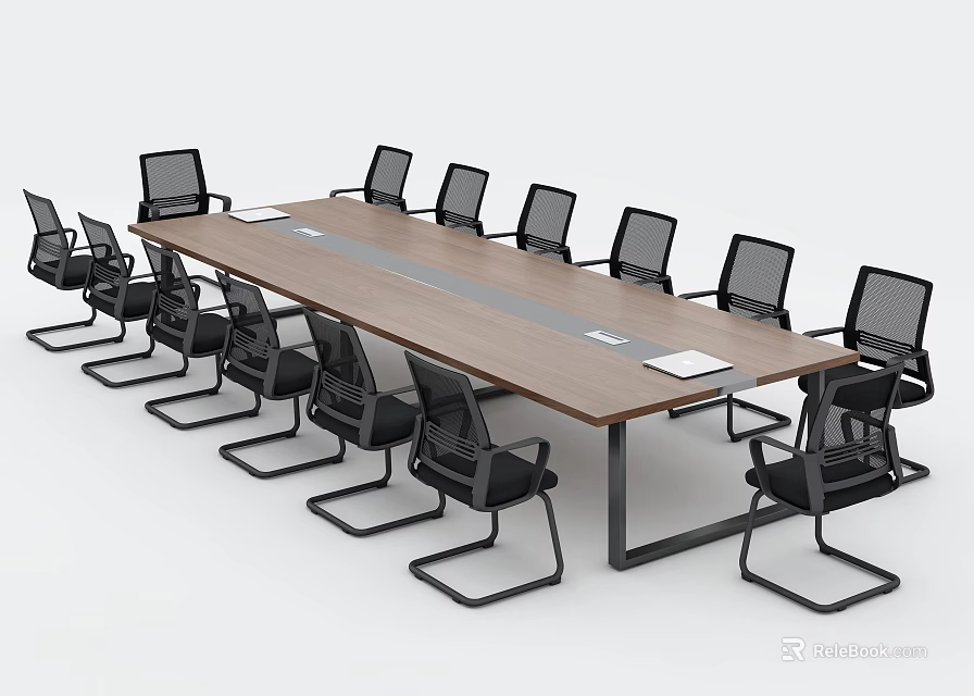 Modern Long Conference Table With Wooden Top Metal Frame And Black Office Chairs 3d model 