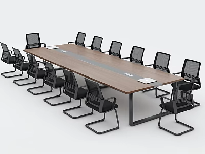 Modern Long Conference Table With Wooden Top Metal Frame And Black Office Chairs 3d model