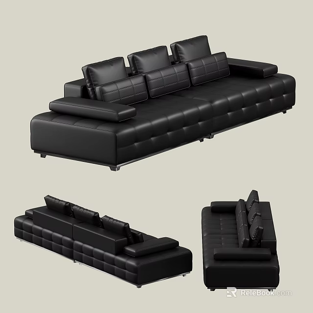 Modern Black Leather Sectional Sofa With Cushioned Seats And Various Angles View 3d model